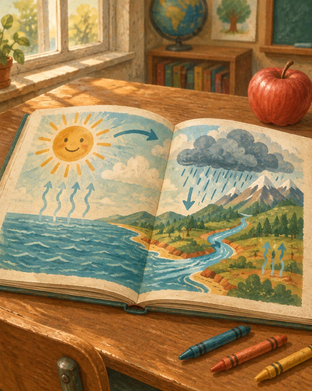 An open picture book on a classroom desk showing a water cycle story